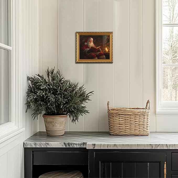 uniro Vintage Gold Framed Wall Art, Vintage Christmas Wall Decor Santa Claus Reading Book Canvas Art Prints Painting, Rustic Winter Holidays Xmas Poster, Farmhouse Christmas Picture Wall Decor for Bedroom, Living Room, Gallery, Winter Room Decor, Holid...