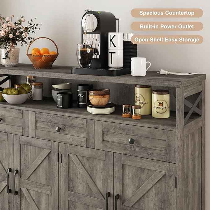Farmhouse Buffet Cabinet with Drawers, Sideboard with Storage, Kitchen Pantry Cabinet Hutch, Wood Coffee Bar Station for Kitchen, Livingroom, 52" L Rustic Grey