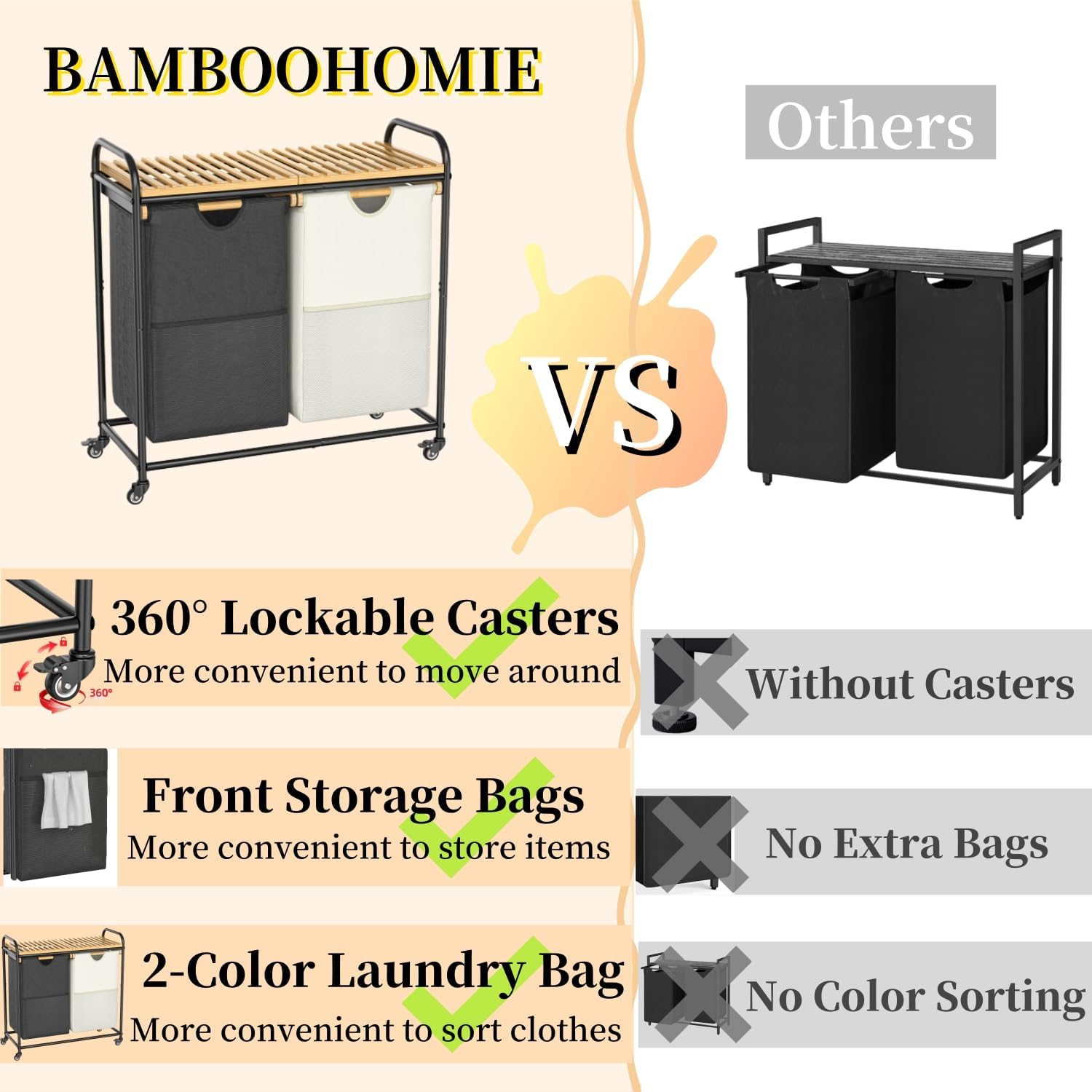 Laundry Hampers 2 Section, Laundry Sorter with Removable Shelf and Pull-Out Bags, Clothes Hampers with Wheels Rolling Cart Basket for Laundry Room Bathroom, 2 x 50 L (Black White) - NestledHome