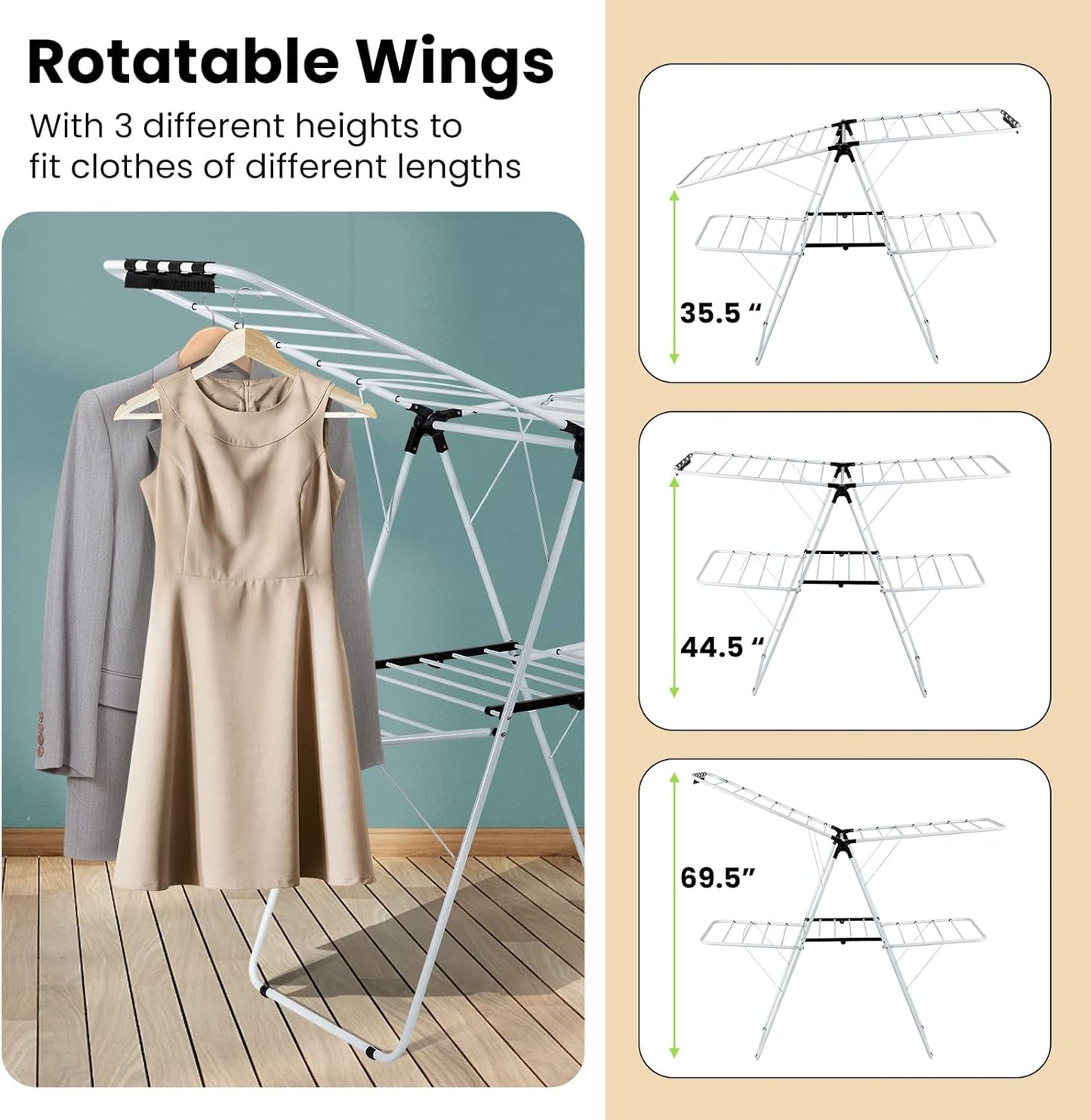 COSTWAY Clothes Drying Rack, Foldable 2-Level Laundry Drying Rack w/Height-Adjustable Wings, 33 Drying Rails & Sock Clips, Standing Large Drying Rack for Clothing, Indoor Outdoor Use - NestledHome