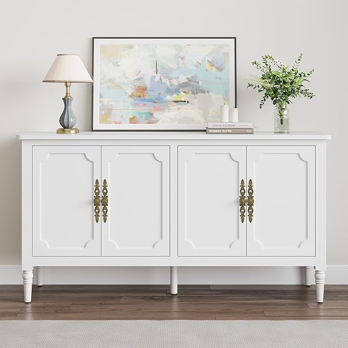 RoyalCraft Buffet Sideboard Table Set of 2, 59'' Mid Century Modern Console Table, Media Cabinet with 4 Doors, Accent Cabinet Wood Sideboard, for Entryway, Living Room, Dining Room, Satin White