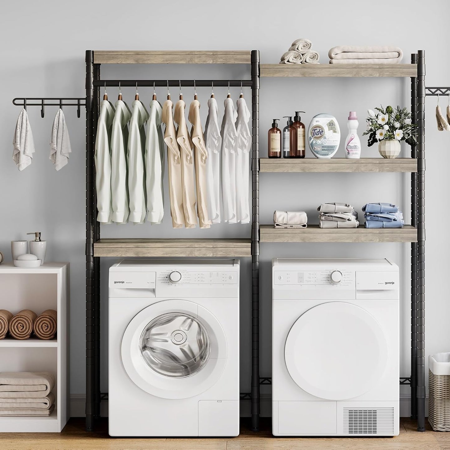 CABIHOME Heavy-Duty Laundry Shelf with Drying Racks | Space-Saving Adjustable Over-Washer Storage Organizer | 4-Tier Bathroom & Laundry Room Shelving Unit (Engineered Wood, 28") - NestledHome
