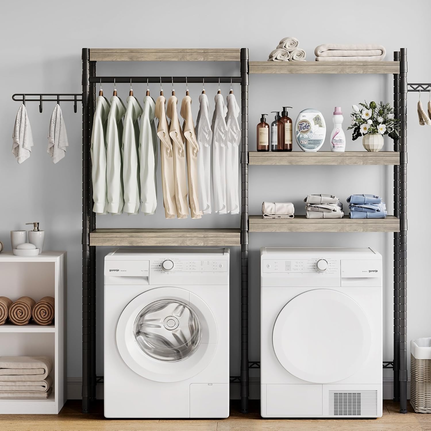 CABIHOME Heavy-Duty Laundry Shelf with Drying Racks | Space-Saving Adjustable Over-Washer Storage Organizer | 4-Tier Bathroom & Laundry Room Shelving Unit (Engineered Wood, 28") - NestledHome