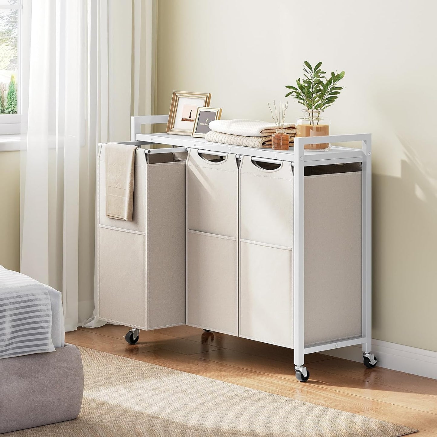 HOOBRO Laundry Sorter 3 Section, Laundry Hamper with Wheels, 3 × 11.5 Gal (43.4L), Rolling Laundry Basket, Pull-Out and Removable Oxford Fabric Bags, White WG76XY01 - NestledHome