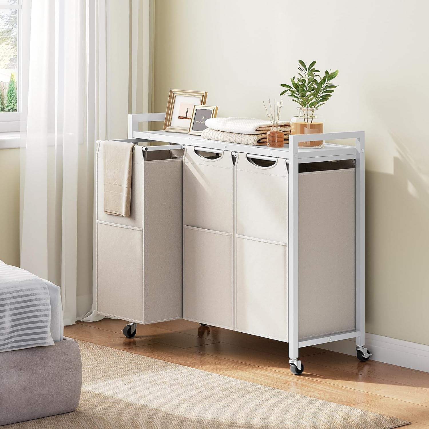 HOOBRO Laundry Sorter 3 Section, Laundry Hamper with Wheels, 3 × 11.5 Gal (43.4L), Rolling Laundry Basket, Pull-Out and Removable Oxford Fabric Bags, White WG76XY01 - NestledHome