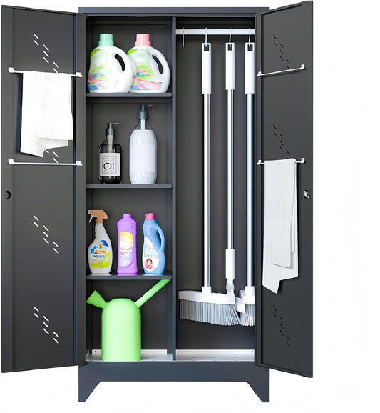 71" Broom Closet Cabinet with Hanging Rod, Tall Black Metal Storage Cabinet for Bathroom, Utility Room, and Garage - NestledHome