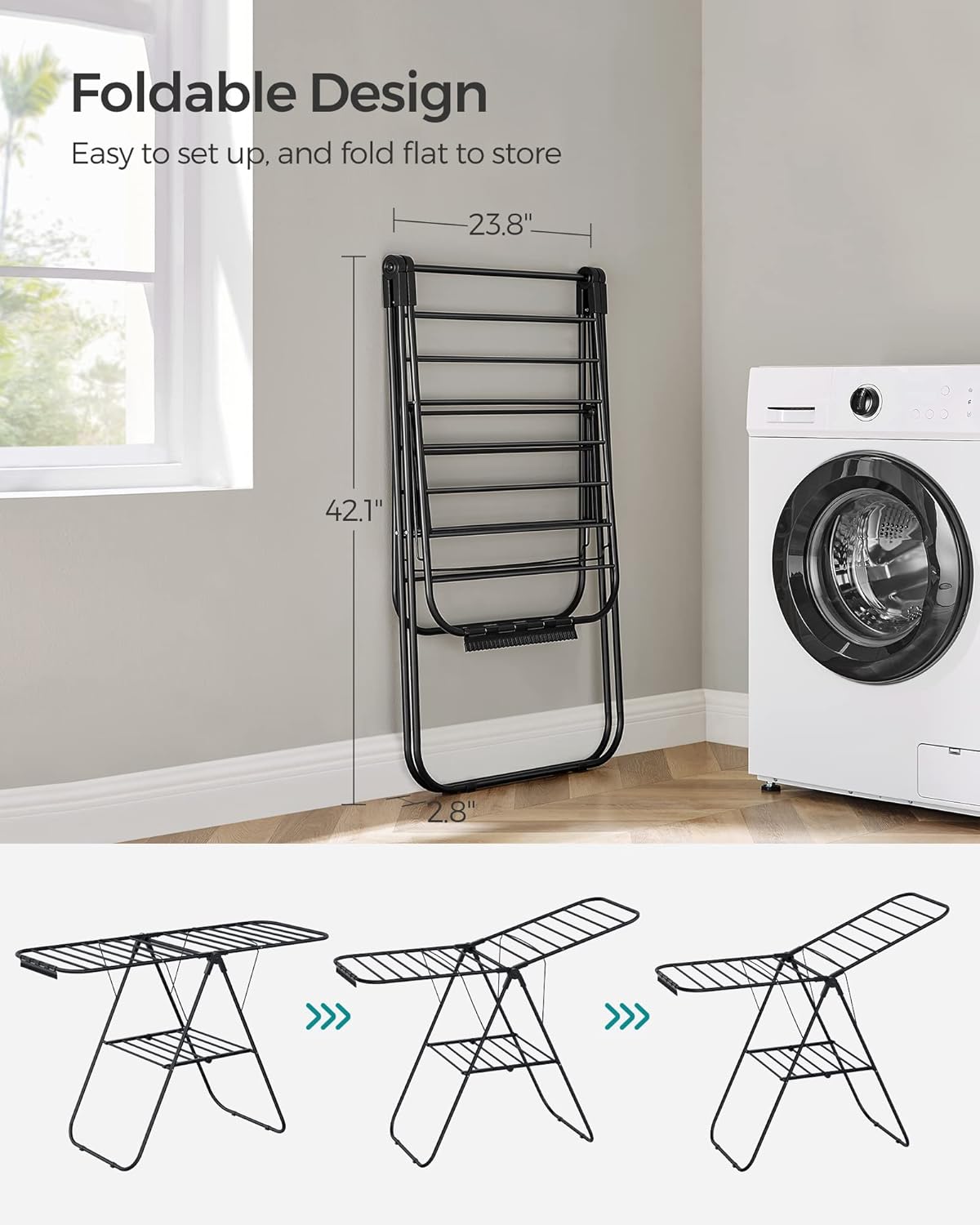 SONGMICS Clothes Drying Rack, with Sock Clips, Metal Laundry Rack, Foldable, Space-Saving, Free-Standing Airer, with 2 Height-Adjustable Gullwings, Indoor Outdoor Use, Black ULLR052B01 - NestledHome