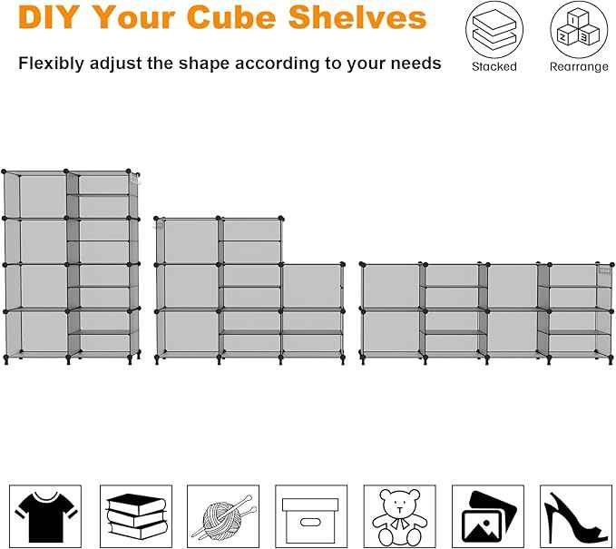 AWTATOS Closet Organizer 8 Cube Storage Shelves Clothes Organizers Stackable Cubby Shelving for Closet Bedroom Living Room Grey