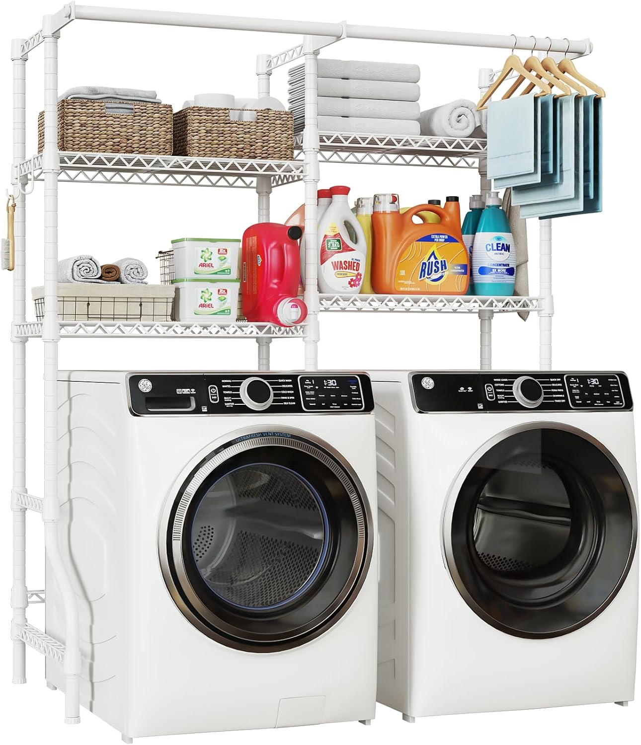U14 Over Washer and Dryer Storage Shelves, 4 Tiers Laundry Room Storage and Organizer System, Space Saving Clothes Drying Rack with 2 Clothes Hanger Rods, 66.5" W x 20.5" D x 77.4" H, White - NestledHome