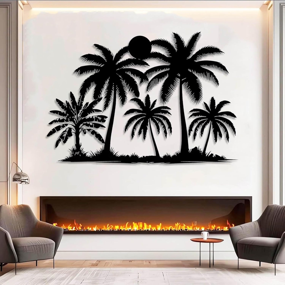 Tuglona Metal Palm Tree with Sunset Wall Decor, Tropical Palm Tree Metal Wall Art, Tropical Wall Decor, Sun Wall Art, Beach Wall Decoration, Coastal Trees Wall Hanging (Black, 53"x37"/135x93cm)