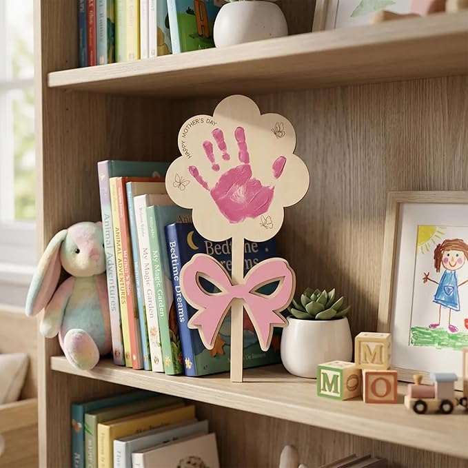 HYPERI DIY Mothers Day Crafts for Kids Handprint Art, Handprints Wooden Rose Flower Bouquet, Mothers Day Gifts for Mom from Kids, for Grandma from Grandkids, Mothers Day Keepsake Craft (Ribbon)