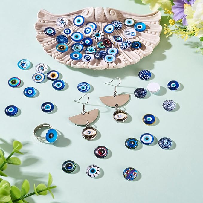 Craftora 100Pcs 12mm Transparent Glass Cabochons Mixed Blue Evil Eye Printed Cameo Dome Tiles Flat Back Glass Covered Dome Tiles for DIY Bracelets Necklace Scrapbooking Art Crafts