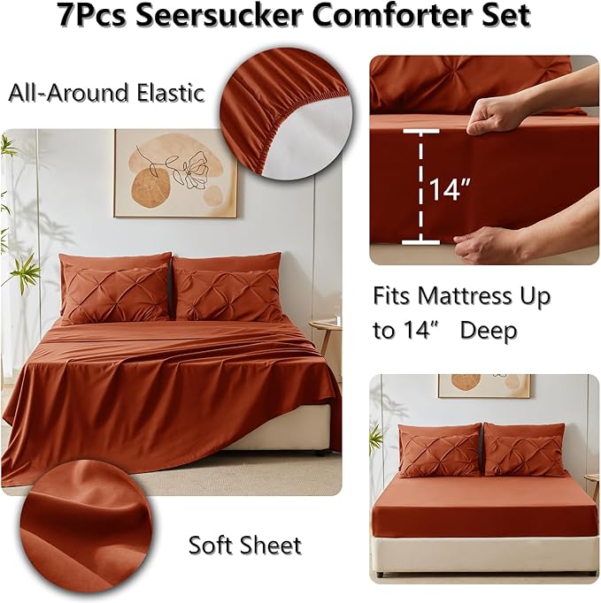 CozyLux Full Size Comforter Sets Burnt Orange, 7 Pieces Pintuck Bed in A Bag Terracotta Comforter Full Size, Pinch Pleat Bedding Sets with All Season Comforter, Sheets, Pillowcases & Shams