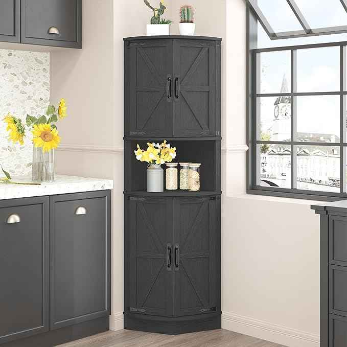 Vabches 64.8" Tall Farmhouse Corner Cabinet with 4 Doors and 5 Storage Shelves, Farmhouse Storage Cabinet with Barn Door Design, Home Space Saver for Living Room, Kitchen, Laundry Room,Black