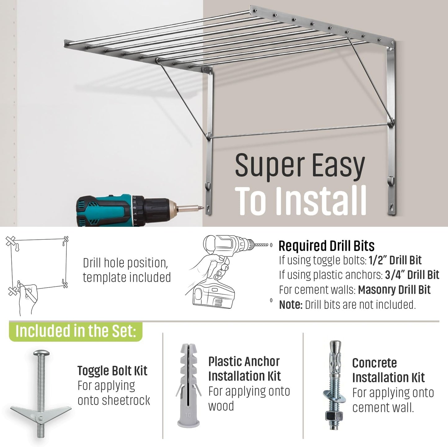 Smartsome | Wall Mounted | Clothes Drying Rack| 22" Wide |15 Linear Feet Capacity | 8 Smooth Round Stainless Steel Rods | 60 lb Capacity | Fully Assembled | Compact Sturdy Space-Saving Design - NestledHome