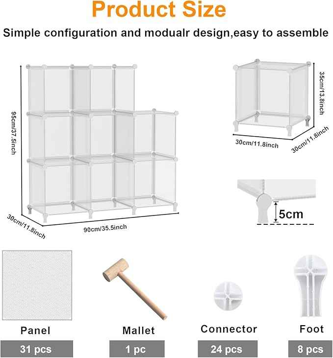 AWTATOS 8 Cube Storage Organizer, Closet Organizer Storage Shelf, Bookcase Bookshelf, DIY Stackable Storage Cubes Shelves for Closet, Bedroom, Home, Office, Transparent Twill