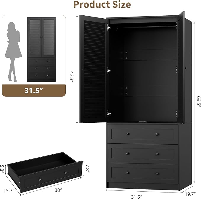 GarveeHome Armoire Wardrobe Closet with Drawers, 69.5 in Wooden Wardrobe Cabinet with Hanging Rod, 2 Doors Clothing Storage Cabinet for Bedroom, Large Capacity Storage, Louvered Door, Black