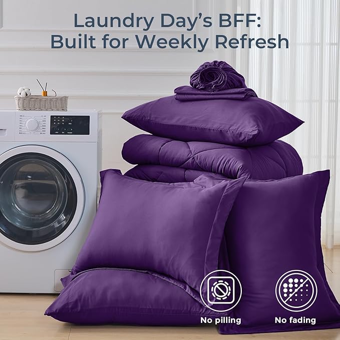 HEVUMYI Purple King Comforter Set - 7-Piece All Season Bed in a Bag King, Ultra Soft Bedding Set with Comforter, Flat Sheet, Fitted Sheet, Pillowcases, Pillow Shams
