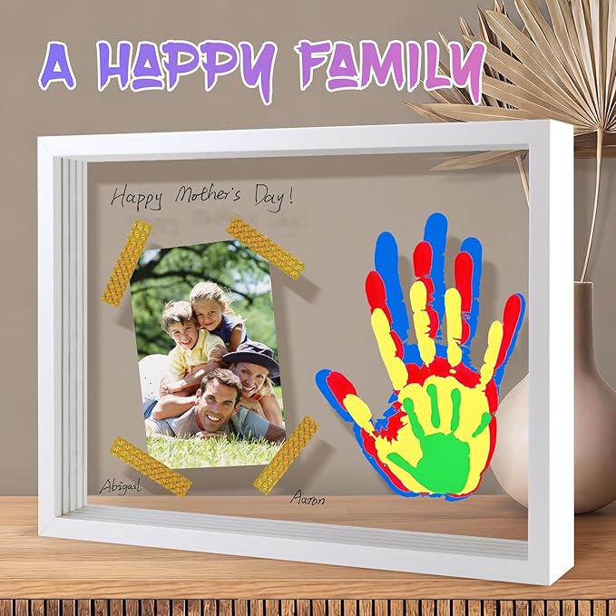 Family Handprint Keepsake Frame Kit with Photo Display – DIY 3D Floating Layered Design for Mom, Dad and Baby – Safe Non-Toxic Paint Set for Footprints – Perfect Baby Shower Gifts, New Parents Couples Keepsake, Home Decor 13.1x9.6 Inch (White)