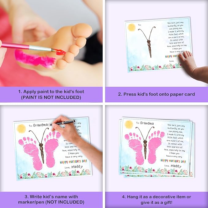 DIY Mothers Day Footprints Butterfly Art Craft Keepsake, Mothers Day Butterfly Footprint Memory Keepsake Decoration, Crafts Gifts for Mom Grandma from Kids Daycare PreK School Activity, Set of 8 Pcs