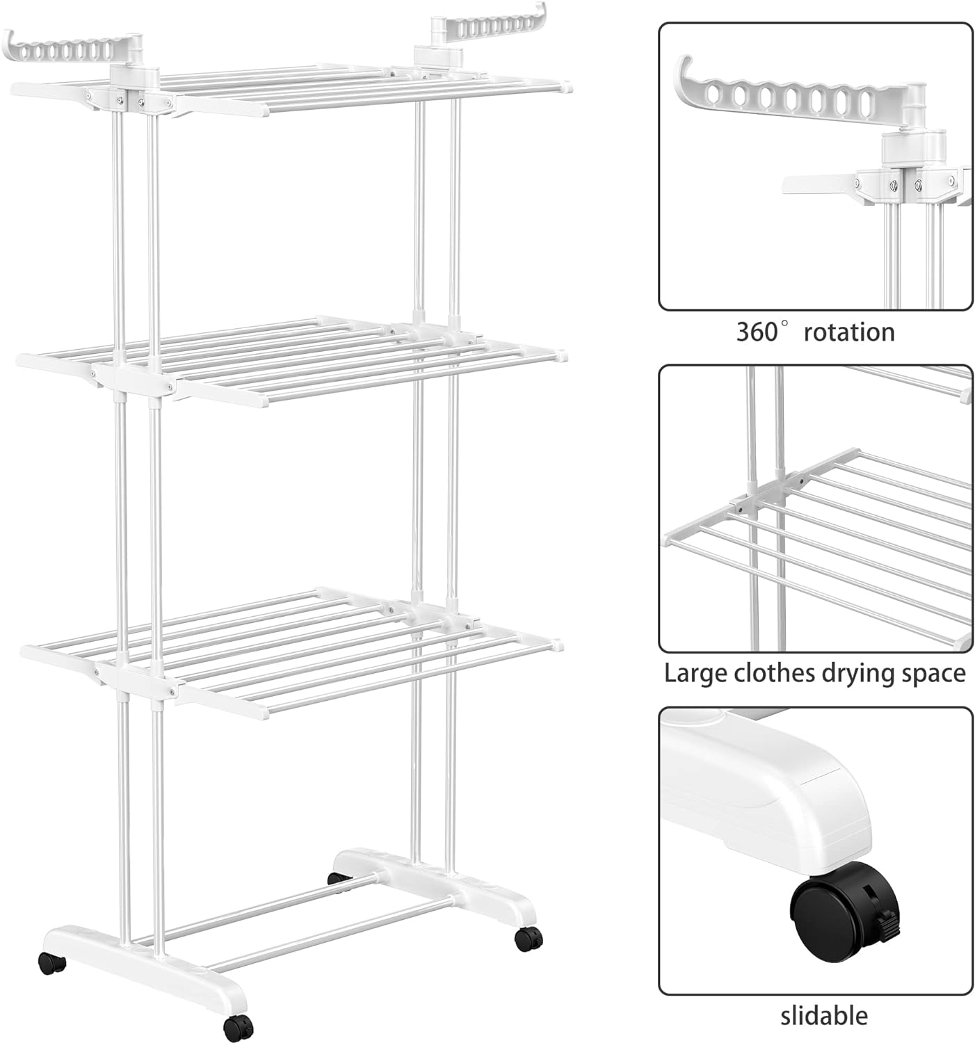 HOMIDEC Clothes Drying Rack, Large 4-Tier Foldable Drying Rack Clothing(67.7H x 19.7W x 30L Inches), Movable Drying Rack with 4 castors. Multifunctional Stainless Steel Laundry Drying Rack, White - NestledHome