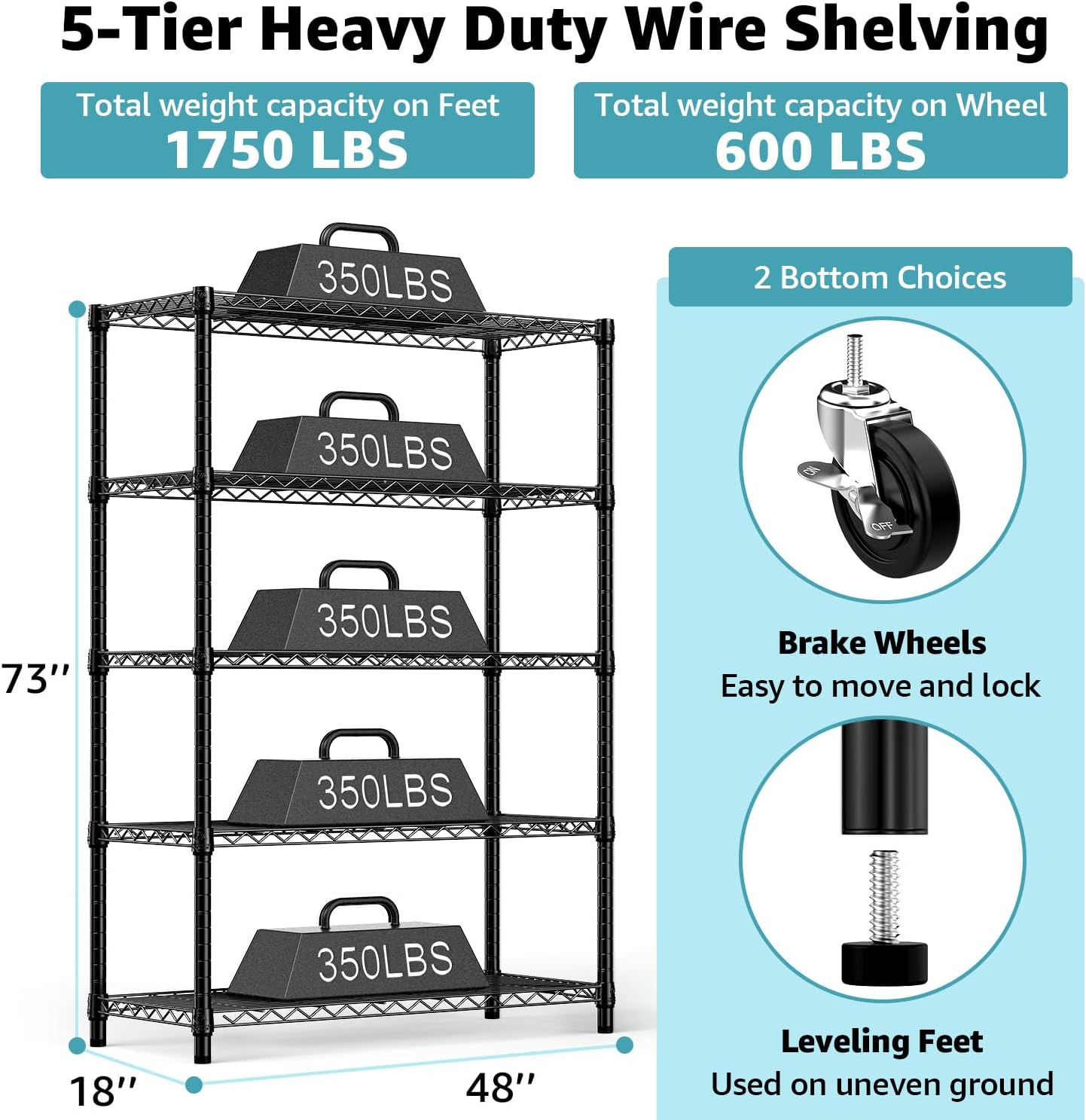 5-Shelf Storage Shelves,Wire Shelving Heavy Duty Metal Storage Shelving Unit Adjustable Garage Shelving Rack Pantry Kitchen (Black, 5 Tier,17.7" D x 47.2" W x 76.7" H) - NestledHome