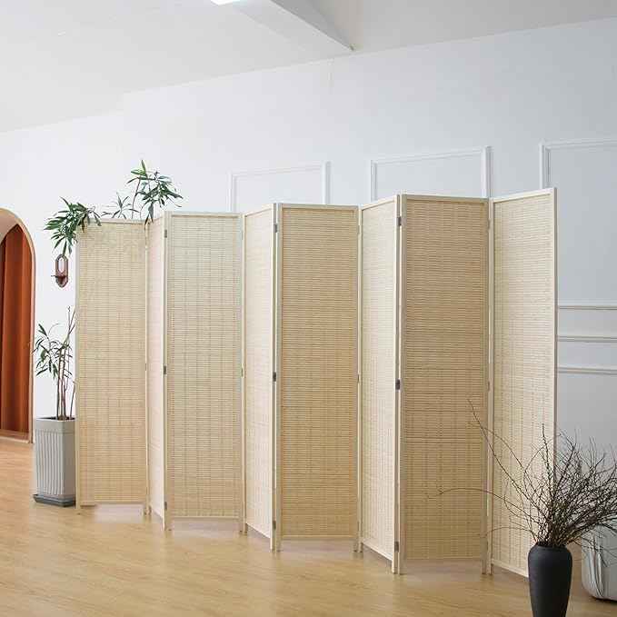 8 Panel Bamboo Room Divider - 5.6 ft Tall Folding Privacy Screen, Natural Beige Freestanding Partition Wall (67" x 122.8", 8-Panel)