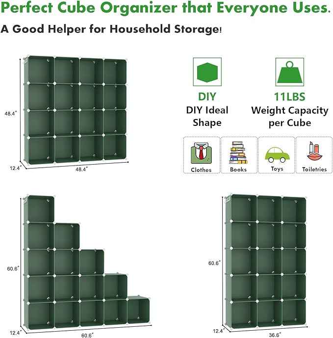 C&AHOME Cube Storage Organizer, 16-Cube Shelves Units, Plastic Storage Cubes, DIY Closet Organizer, Modular Closet Storage Shelves Ideal for Home, Bedroom, 48.4" L × 12.4" W × 48.4" H Green UPCS16GN