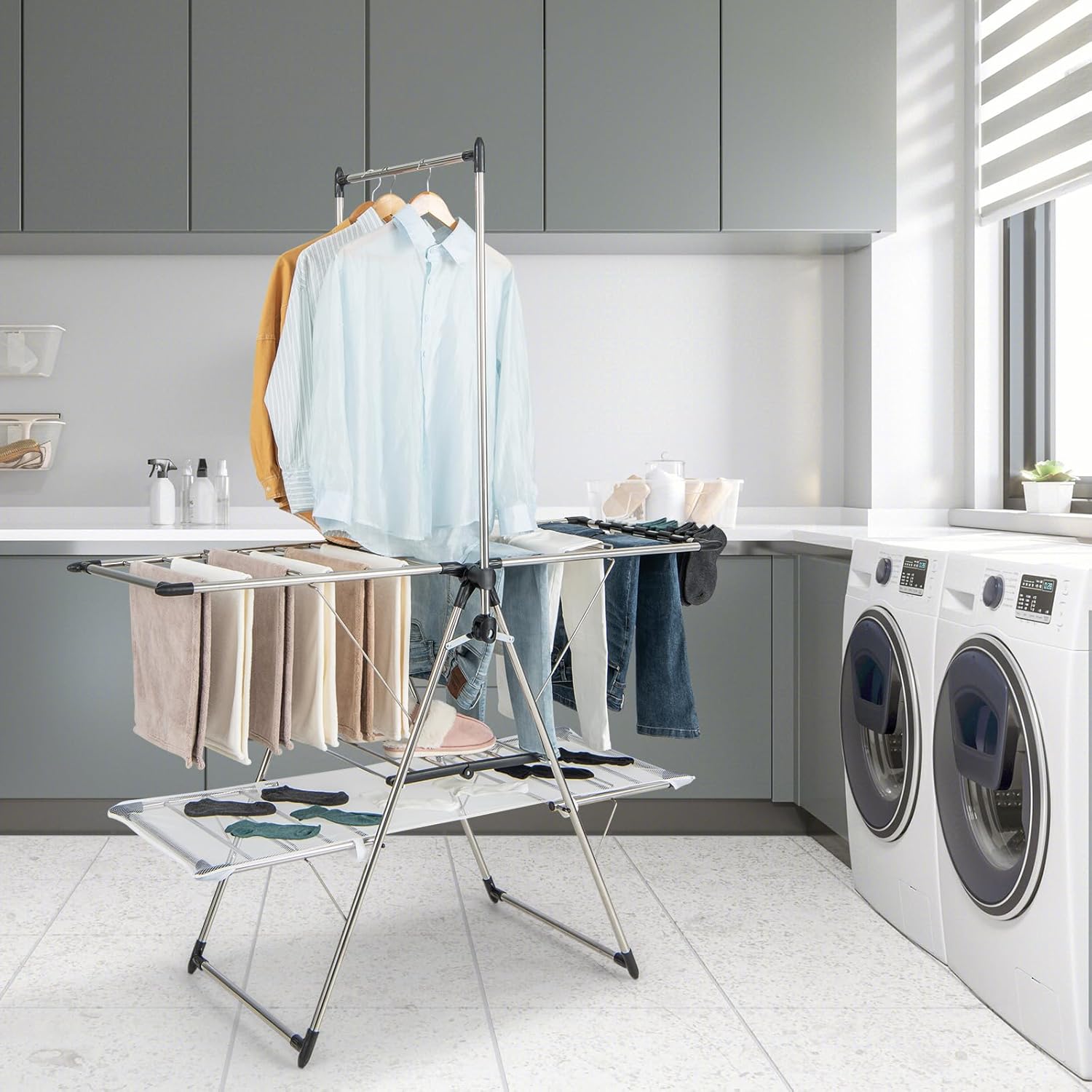 Tangkula Foldable Clothes Drying Rack, 2-Tier Laundry Drying Rack w/Tall Hanging Bar, Height Adjustable Gullwing, Freestanding Garment Stand for Indoor Outdoor Use - NestledHome