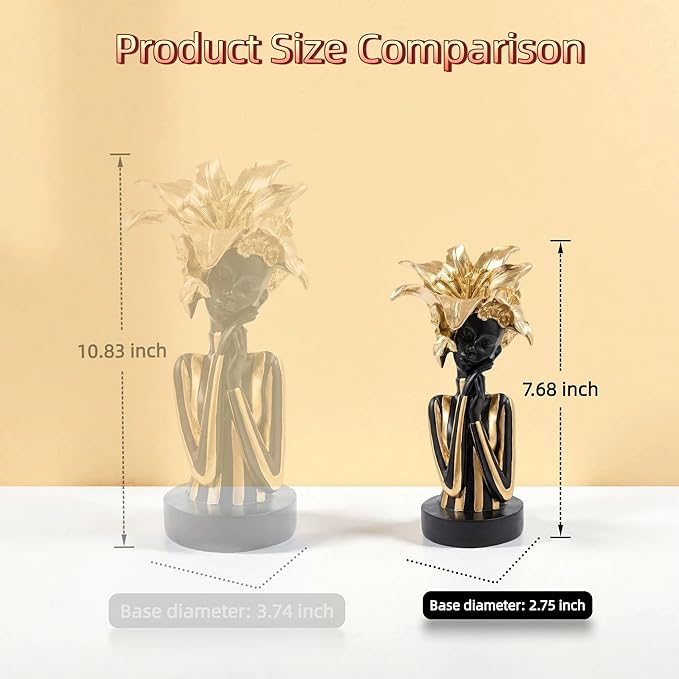 African Woman Art Sculpture with Gold Floral Crown, Exquisite African Statue, Emotional Modern Home Art Gift for Various Settings Such as Home, Bookshelves, desks, or Offices(7.68 inch
