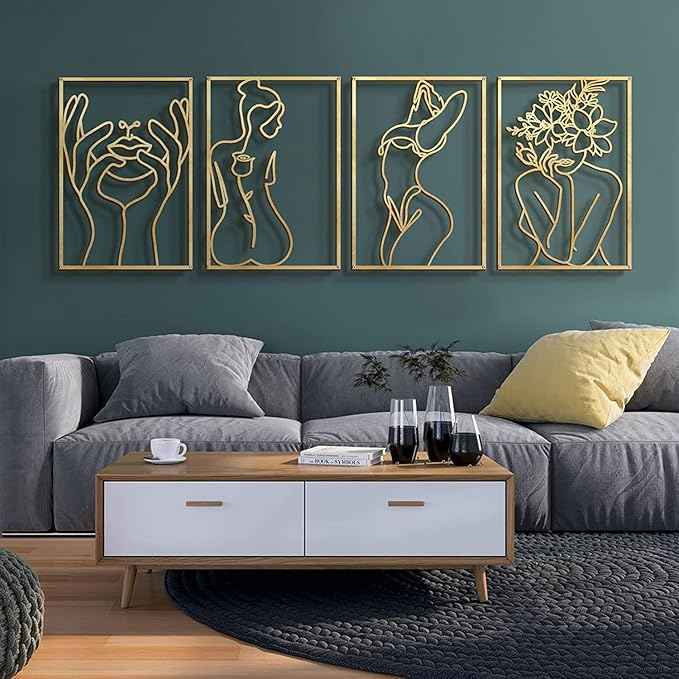 Glamativity Large 4 Pack Gold Wall Art Décor, Minimalist Décor Single Line Art Wall Décor, Real Metal Wall Art, Woman's Body Shape Abstract Wall Art (Gold Classic Style, L Size 22.5 x 15.7'')