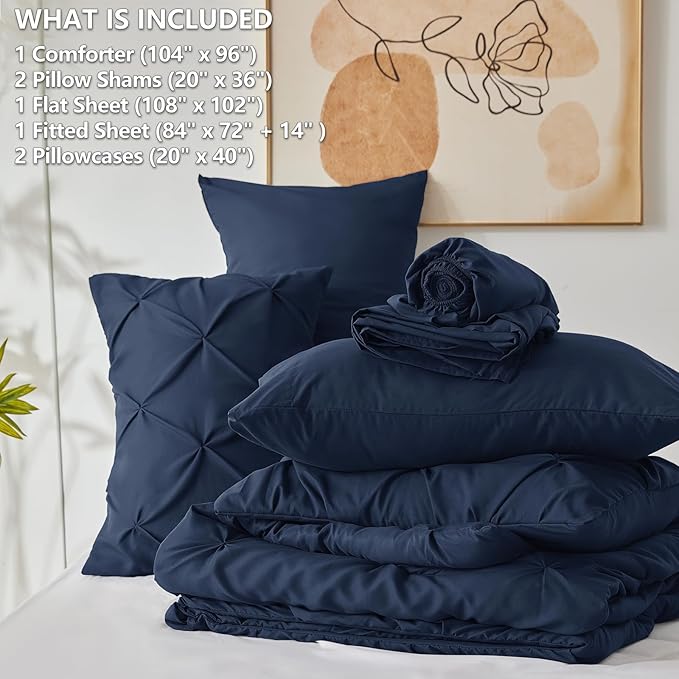 CozyLux California King Comforter Set Navy Blue - 7 Pieces Cal King Pintuck Bed in A Bag Gift for Family, Pinch Pleat Bedding Sets with All Season Comforter, Sheets, Pillowcases & Shams