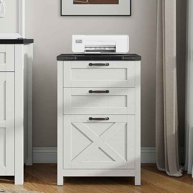 Vabches Vertical File Cabinet with 3 Drawers, Wooden Farmhouse Filing Cabinet for Letter/A4 Size Hanging Files, Under Desk Printer Stand with Storage for Home Office, White and Black