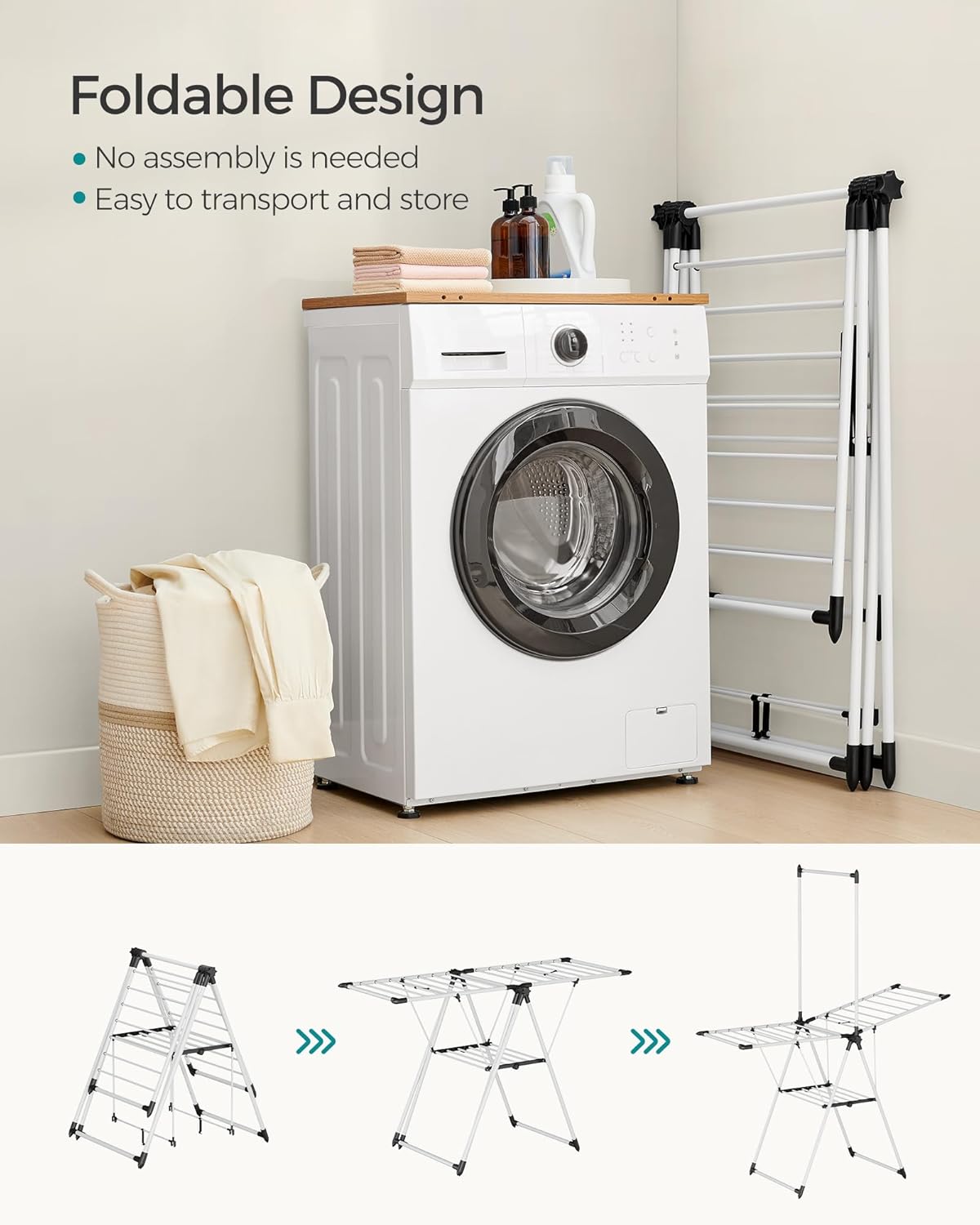 SONGMICS Clothes Drying Rack, Foldable 2-Level Laundry Drying Rack, Free-Standing Airer, 1 Additional Tall Hanging Bar, 2 Height-Adjustable Wings, 24 Drying Rails, Space Savng, Simply White ULLR521W01 - NestledHome