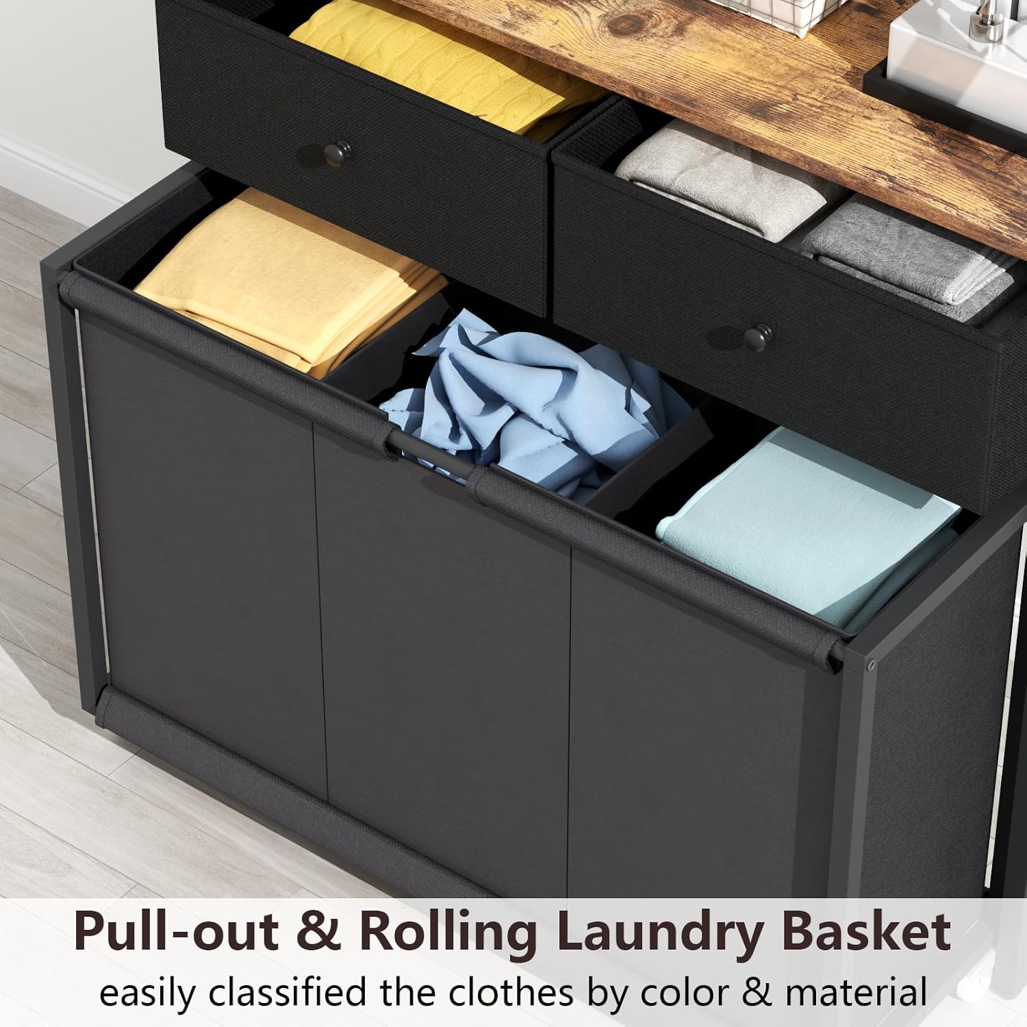 Laundry Hamper Laundry Basket with 3 Section Pull-Out Rolling Bags & 2-Tier Storage Shelf, Laundry Sorter for Organization and Storage with 2 Drawers for Laundry Room, Bathroom - NestledHome