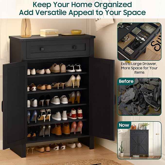 Vabches Shoe Storage Cabinet, 5-Tier Farmhouse Shoe Cabinet with Adjustable Shelves & Drawer, Wooden Shoes Rack Cabinets Storage Organizer with Doors for Entryway, Hallway, Closet, Living Room, Black