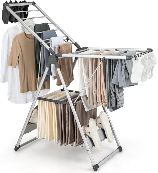 Giantex Clothes Drying Rack, 2-Layer Aluminum Foldable Laundry Drying Rack with 5-Level Adjustable Height, 21 Drying Rails, 10 Side Clips, 4 Shoe Holders, Space Saving Collapsible Laundry Drying Rack - NestledHome