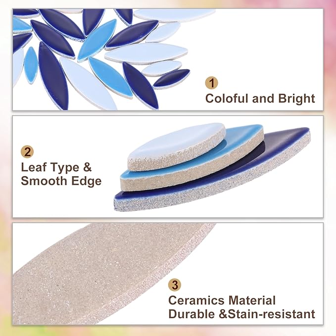 uxcell Ceramic Mosaic Tile, About 200g Teardrop Leaf Tile Mosaic Block for Handicrafts Artwork, Blue/White/Purple