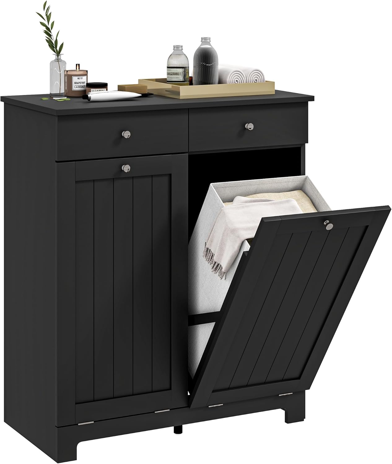 HOMCOM Laundry Hamper Cabinet with 2 Removable Baskets, Tilt Out Laundry Hamper Cabinet with 2 Drawers and 2 Beadboard Doors, Laundry Cabinet Bathroom Storage Cabinet, Black - NestledHome