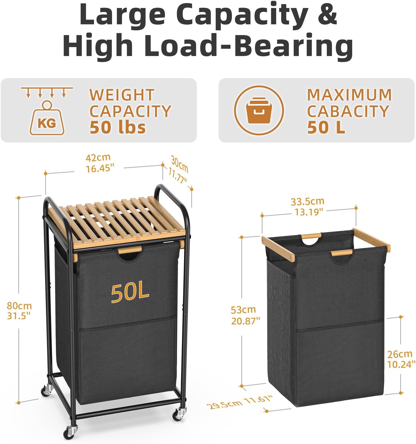 Laundry Hampers 1 Section, Laundry Sorter with Removable Shelf and Pull-Out Bags, Clothes Hampers with Wheels Rolling Cart Basket for Laundry Room Bathroom, 50 L (Black) - NestledHome