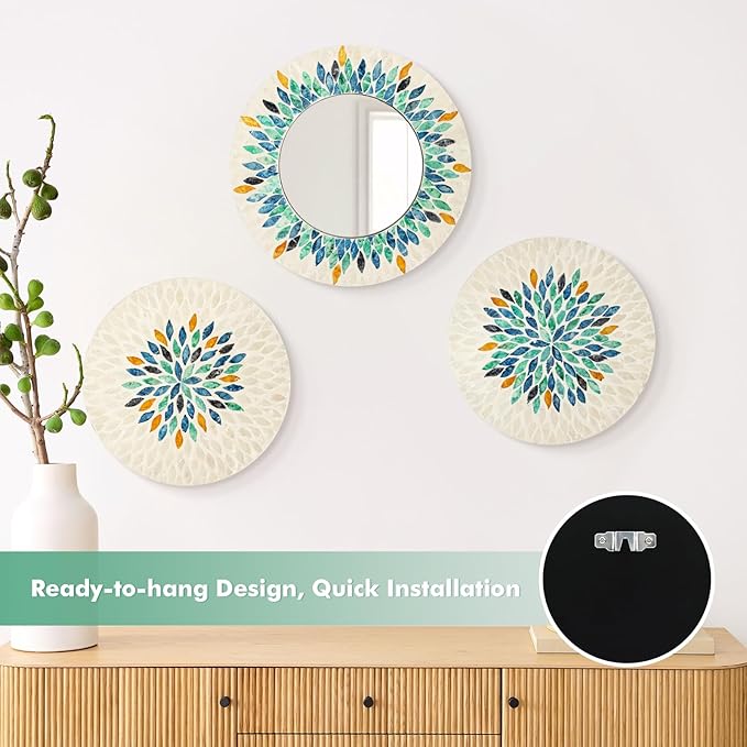 Jewel-Tone Mother of Pearl Mirror Wall Decor for Living Room, 3PCS Handmade Round Wall Art for Home Guest Room Decoration, Unique Mosaic Art Gift for Birthday Wedding Housewarming (Colored)