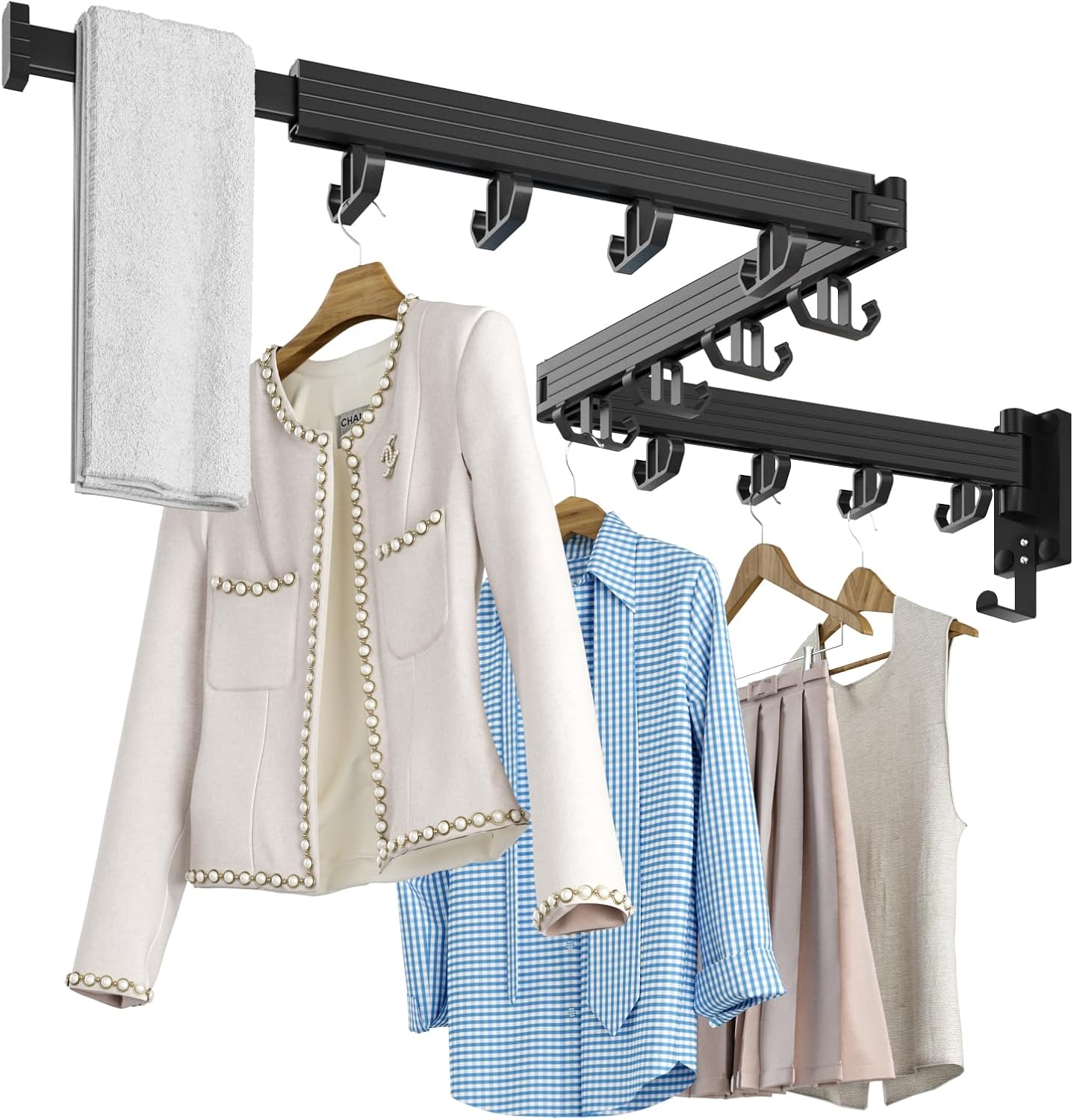 Wall Mount Clothes Drying Rack, Wall Mounted Drying Rack, Upgraded 3-Fold & Sturdy Laundry Drying Rack with 12 Dual-Side Hooks Space Saver for Laundry Room, Apartment, Dorms - Black - NestledHome