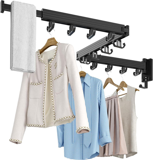 Wall Mount Clothes Drying Rack, Wall Mounted Drying Rack, Upgraded 3-Fold & Sturdy Laundry Drying Rack with 12 Dual-Side Hooks Space Saver for Laundry Room, Apartment, Dorms - Black - NestledHome