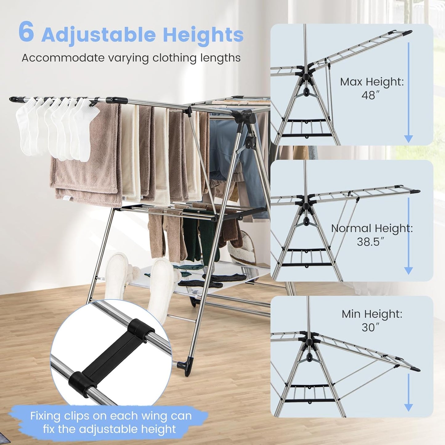 Giantex Clothes Drying Rack, Foldable Laundry Drying Rack with with 6-Level Adjustable Height, High Hanger Design, Side Clips, Space Saving Collapsible Laundry Drying Rack - NestledHome