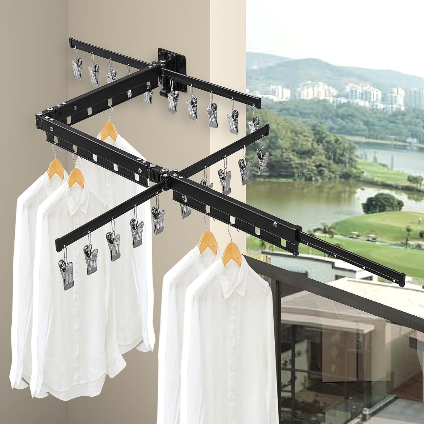BESy Tri-Fold Foldable Clothes Drying Rack Retractable Hanging Collapsible Dryer Hanger Racks for Laundry Balcony Bathroom Space Saver Outdoor Indoor 20 Clips Aluminum Alloy Wall Mounted Matte Black - NestledHome