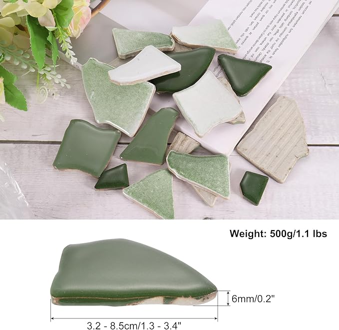 uxcell 500g/1.1LB Irregular Ceramics Mosaic Tiles, 3.2-8.5 cm Bulk Stained Ceramic Mosaic Pieces Stones Mosaic Kits for DIY Art Craft Projects Home Decor, Mixed Green