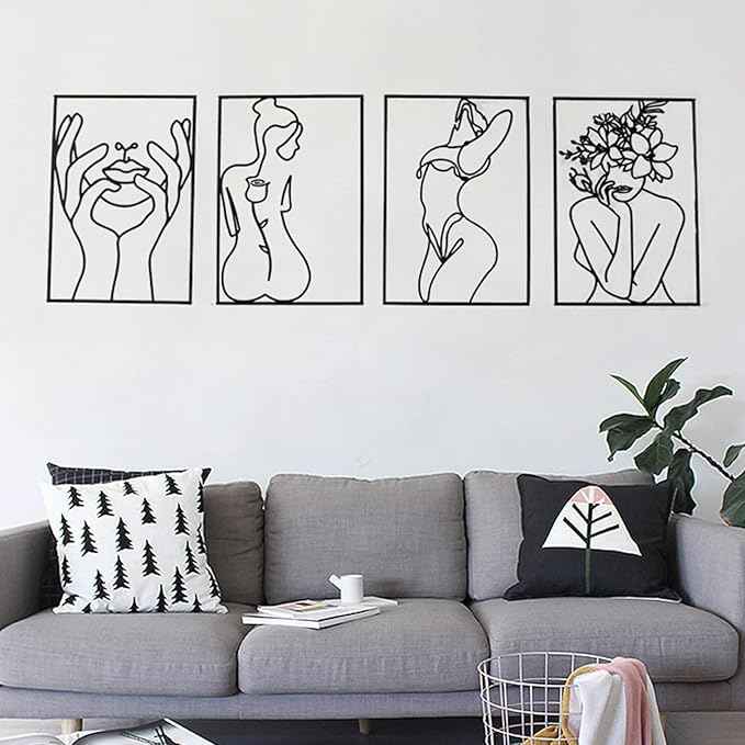 Glamativity 4 Pack Black Wall Art Décor, Minimalist Décor Single Line Art Wall Décor, Real Metal Wall Art, Woman's Body Shape Abstract Wall Art, for Kitchen Bedroom Living Room
