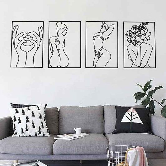 Glamativity 4 Pack Black Wall Art Décor, Minimalist Décor Single Line Art Wall Décor, Real Metal Wall Art, Woman's Body Shape Abstract Wall Art, for Kitchen Bedroom Living Room