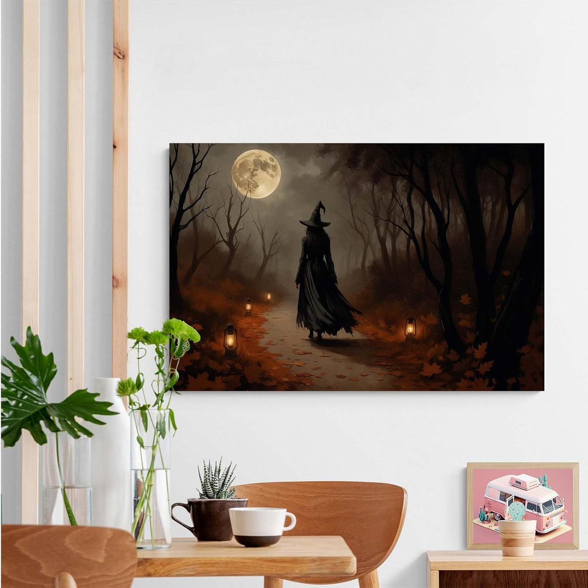 Moonlight witch poster dim lantern Halloween decoration Gothic style dark retro college style canvas wall art suitable for living room bedroom28x40in Wood Framed