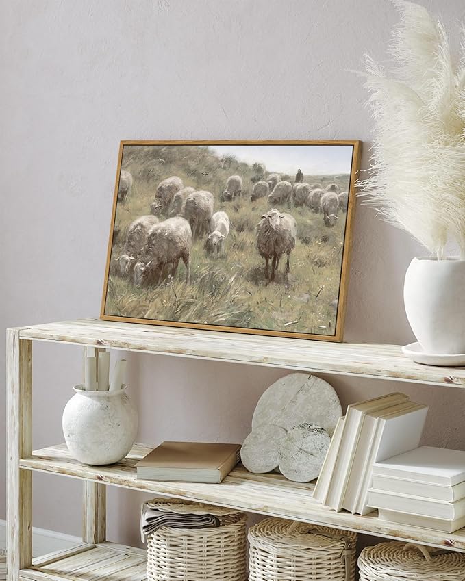 InSimSea Framed Canvas Wall Art Vintage Decor, Sheep on the Dunes Pictures Farmhouse Decor, Large Wall Art Living Room Bathroom Bedroom Office Decorations, 16"x24"